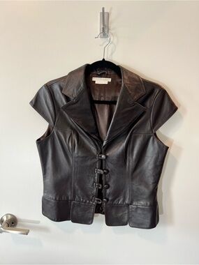 To the Max Dark Brown Leather Short-Sleeve Button Vest